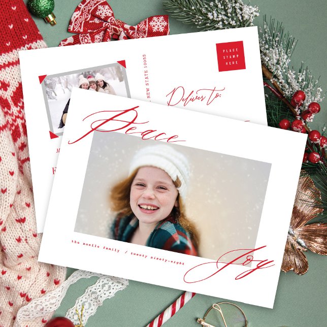 Peace And Joy Modern Calligraphy Red Script Photo Holiday Postcard (Creator Uploaded)