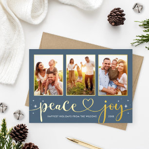 Peace and Joy Modern Gold Heart Script 3 Photo Foil Holiday Card