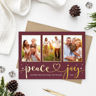 Peace and Joy Modern Gold Heart Script 3 Photo Foil Holiday Card