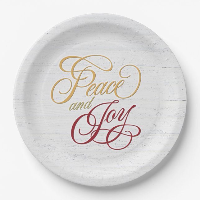 Peace and Joy On Whitewashed Wood Paper Plate (Front)