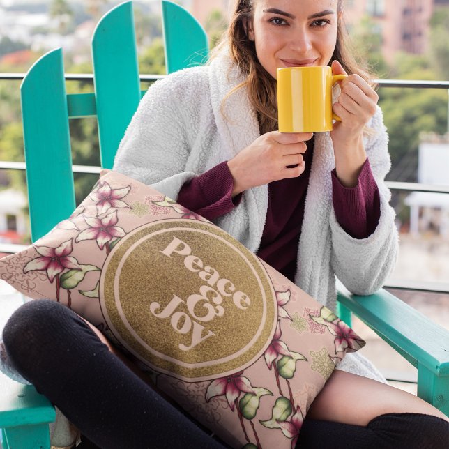 Peace and Joy Pink Poinsettia Christmas Decorative Cushion (Peace and Joy Pink Poinsettia Christmas Accent Pillow.)