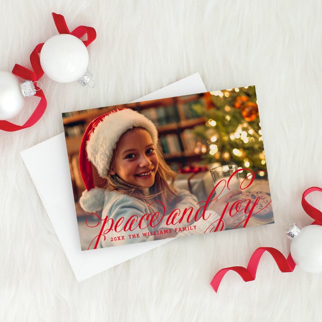 Peace and Joy Red Handwritten Script Photo Holiday Card (Creator Uploaded)