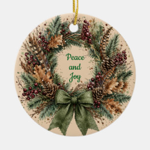 Peace and Joy Rustic Pinecone Wreath Christmas Ceramic Ornament