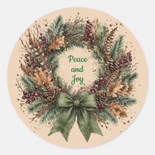 Peace and Joy Rustic Pinecone Wreath Christmas Classic Round Sticker