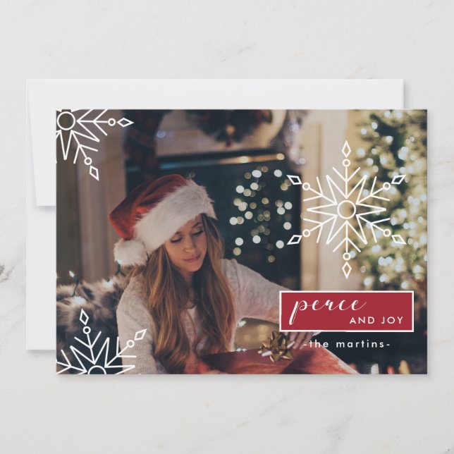 Peace and Joy Three Photo and Snowflakes Christmas Holiday Card (Front)