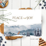 Peace and Joy, Watercolor Forest and Fox, Elegant Holiday Card<br><div class="desc">Personalize this gorgeous holiday card with exquisite blue watercolor forest scene with fox playing in the snow, featuring the phrase "Peace and Joy" in a mixture of hand written calligraphy and block typography. Inside coordinating forest scene with fox and deer and area for your personal message. Option to add a...</div>