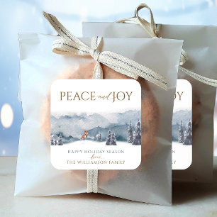 Peace and Joy, Watercolor Forest and Fox Holiday Square Sticker