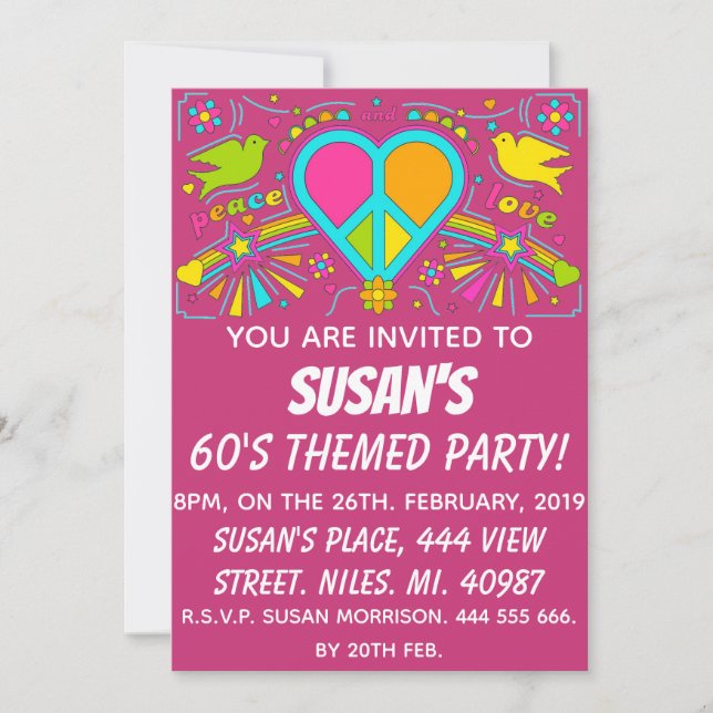 Peace and Love. 60's Themed Party. Invitation (Front)