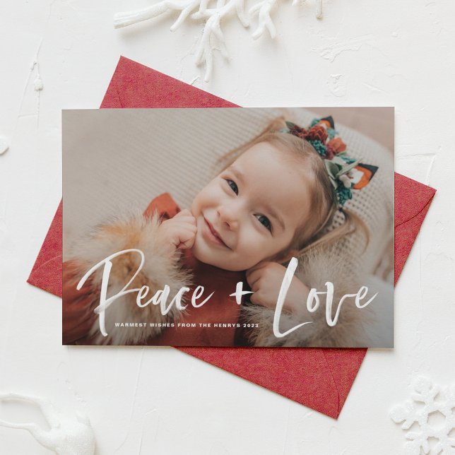Peace and Love Brush Lettering Photo Holiday Card (Creator Uploaded)