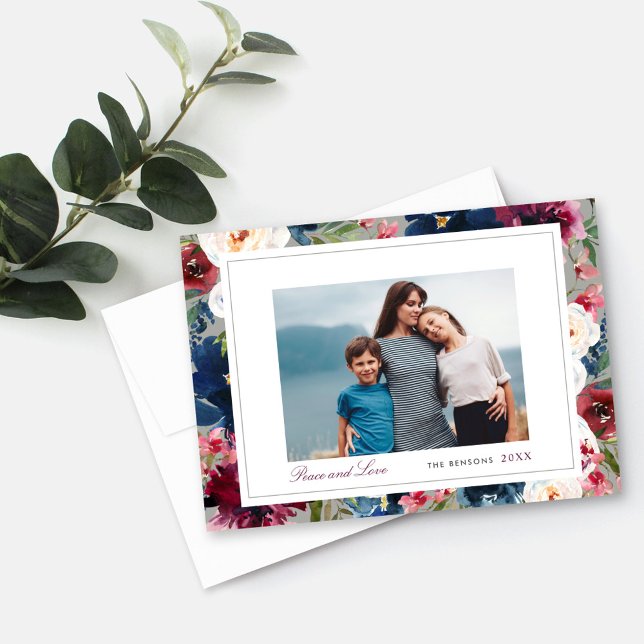 Peace and Love Burgundy and Navy Floral Photo Holiday Card (Creator Uploaded)