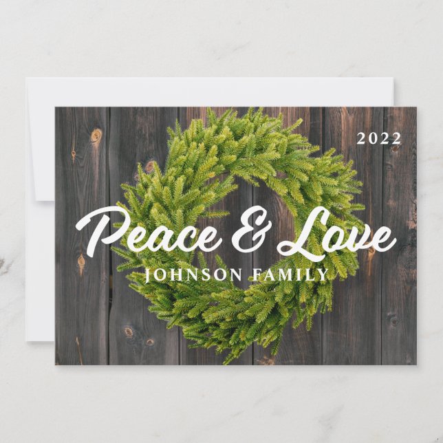 Peace and Love Country Rustic Pine Wreath Wood Holiday Card (Front)