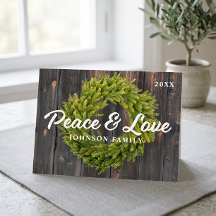 Peace and Love Country Rustic Pine Wreath Wood Holiday Postcard