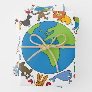 Peace And Love Cute Cartoon Animals of The World Wrapping Paper Sheet