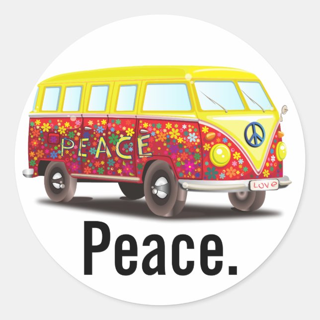 Peace and Love Hippy Bus Classic Round Sticker (Front)