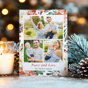 Peace and Love Holly Berries Floral Xmas 3 Photo Holiday Card