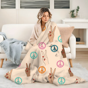Peace and Love Multicultural Hand Pattern Fleece Blanket