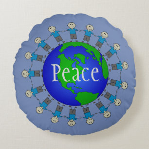 Peace and Love Planet Earth Cute Stick Figures Round Cushion