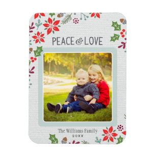 Peace and Love Poinsettia Floral Linen Photo Magnet