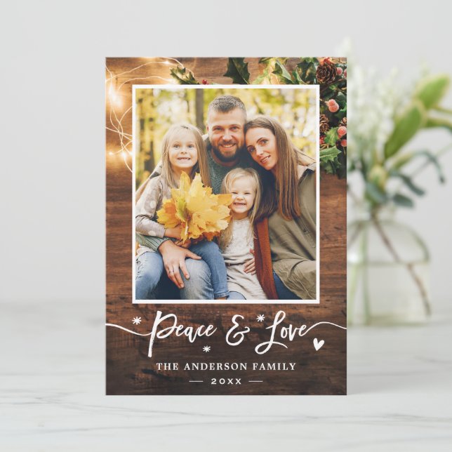 Peace and Love Rustic Country String Lights Photo Holiday Card (Standing Front)