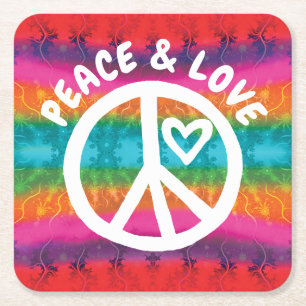 Peace and Love Tie Dye Stripes Square Paper Coaster