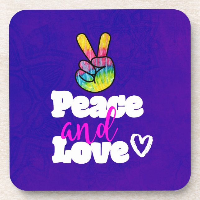 Peace and Love Typography Rainbow Hand Peace Sign Coaster (Front)