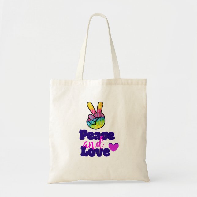 Peace and Love Typography Rainbow Hand Peace Sign Tote Bag (Front)