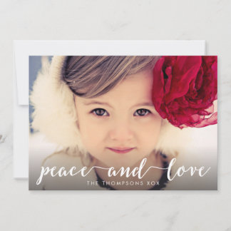 Peace and Love White Script Xmas Photo Overlay Holiday Card