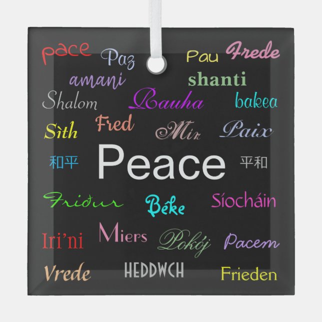 Peace Around the World in Black Glass Tree Decoration (Front)