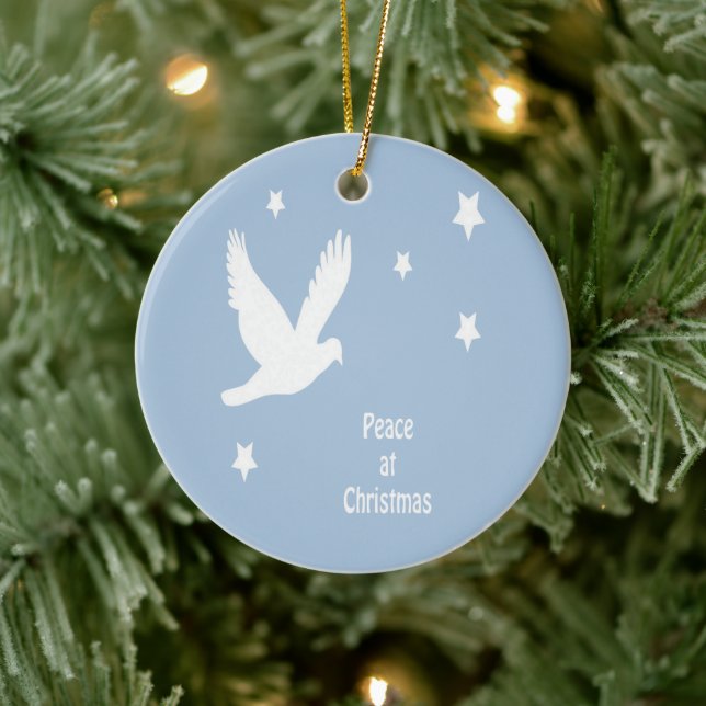 Peace At Christmas With Dove In Flight White Logo Ceramic Ornament (Tree)