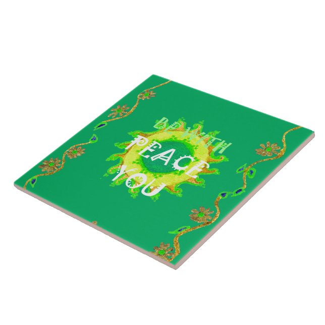 Peace Be With You: Inspirational Green and Yellow  Ceramic Tile (Side)