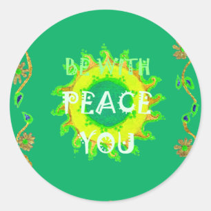 Peace Be With You: Inspirational Green and Yellow  Classic Round Sticker