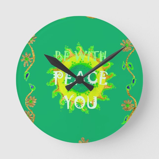 Peace Be With You: Inspirational Green and Yellow  Round Clock (Front)