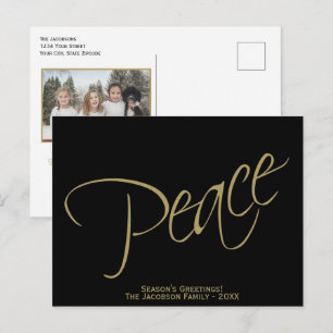 Peace. Black & Gold Elegant Minimal Photo Holiday Postcard
