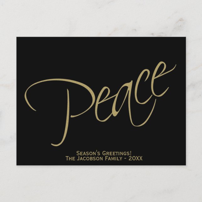 Peace. Black & Gold Elegant Minimal Photo Holiday Postcard (Front)