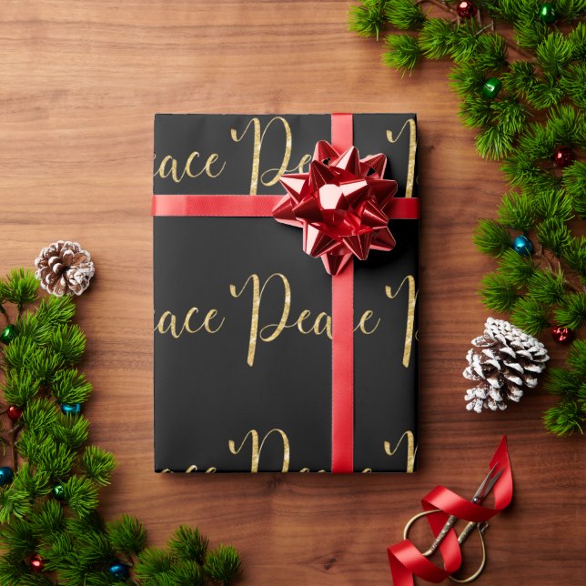 “Peace” Black Gold Script Elegant Holiday Wrapping Paper (Holiday Gift)