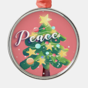 Peace Carton Christmas Tree Pink Metal Ornament