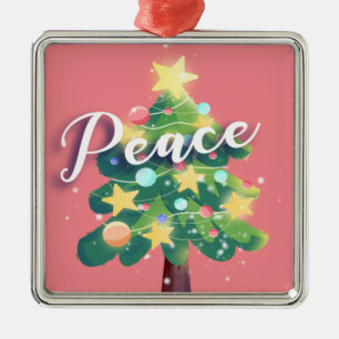 Peace Carton Christmas Tree Pink Metal Ornament
