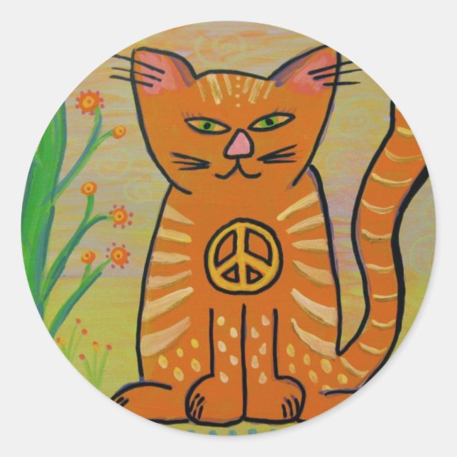 Peace Cat with Flowers Classic Round Sticker (Front)