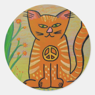 Peace Cat with Flowers Classic Round Sticker
