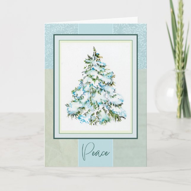 Peace Christmas Tree Snow Watercolor Folded Card  (Front)