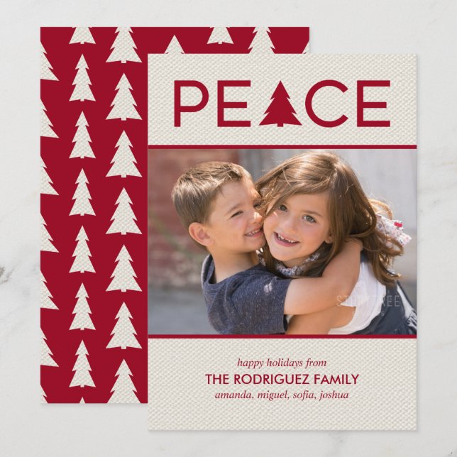 Peace Custom Photo Holiday Tree Maroon Beige Card (Front/Back)