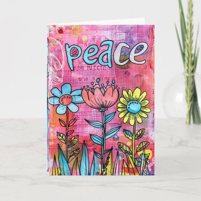 *~**~ PEACE Doodle Art Colourful Whimsical Flower Thank You Card (Front)