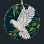 Peace Dove and Olive Branches Christmas Holiday Ceramic Ornament<br><div class="desc">The perfect holiday ornament for giving wishes of peace this Christmas season,  it features a hand illustrated white dove and olive branches with simple and elegant text that is easy to customise. Don't forget to make the back side your own by swapping the photo and text for your own.</div>