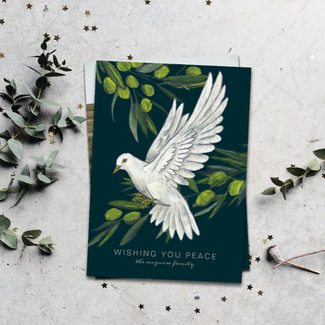 Peace Dove and Olive Branches Holiday Card (a flat Christmas card with the message "wishing you peace" and an illustrated white dove)