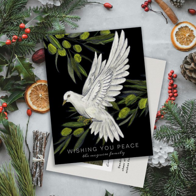 Peace Dove and Olive Branches Holiday Postcard (illustrated peace dove and olive branches on a black background Christmas holiday postcard)