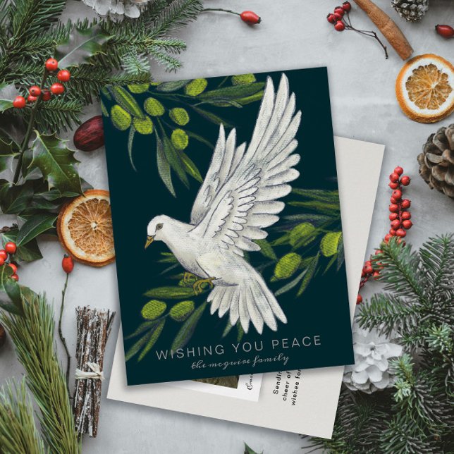 Peace Dove and Olive Branches Holiday Postcard (illustrated peace dove and olive branches on a dark teal blue background Christmas holiday postcard)