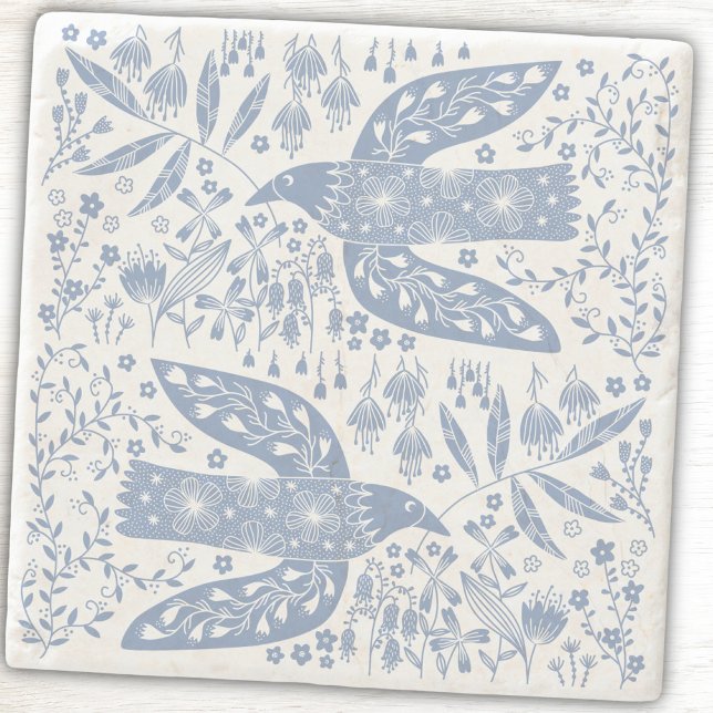Peace Dove Birds and Wildflowers Blue Stone Coaster (Peace Doves blue and white folk art stone coasters. Original art by Nic Squirrell. )
