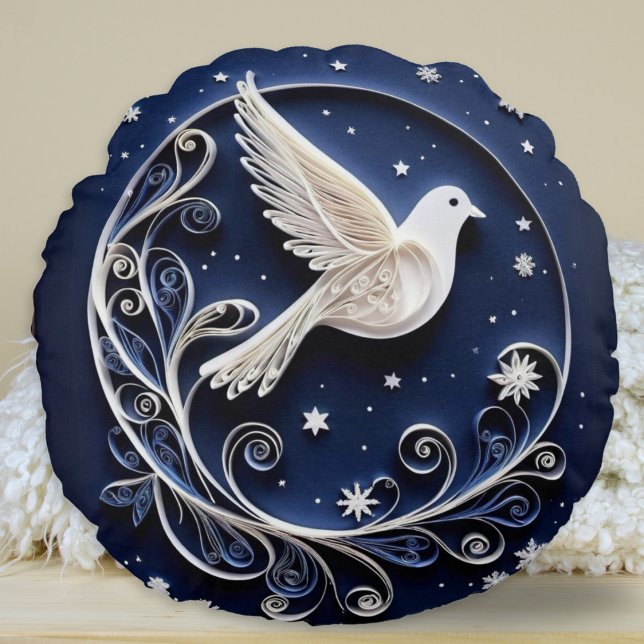 Peace Dove Faux Papercraft Bird Blue Christmas Round Cushion (A personalized round throw pillow with Christmas dove design and festive greeting on the back)