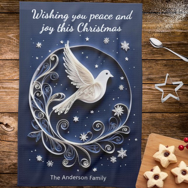 Peace Dove Faux Papercraft Elegant Blue Christmas Tea Towel (A Christmas kitchen towel with white peace dove and blue sky with stars, to personalize with a name)