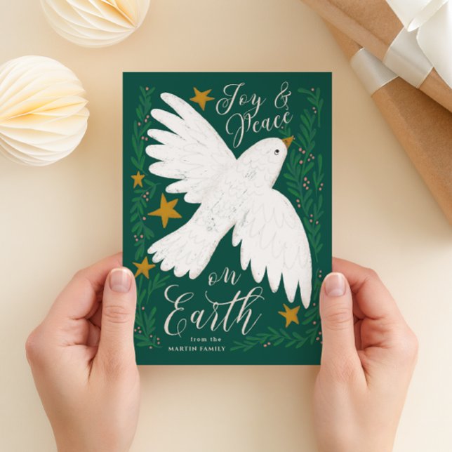 Peace Dove Illustrated Christmas Card (illustrated white peace dove and berry branches green Christmas card "joy & peace on earth")